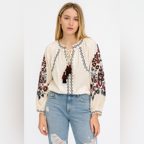 Tops - 1038.Embroidered Cream Blouse with Floral Accents cotton ,viscose blend